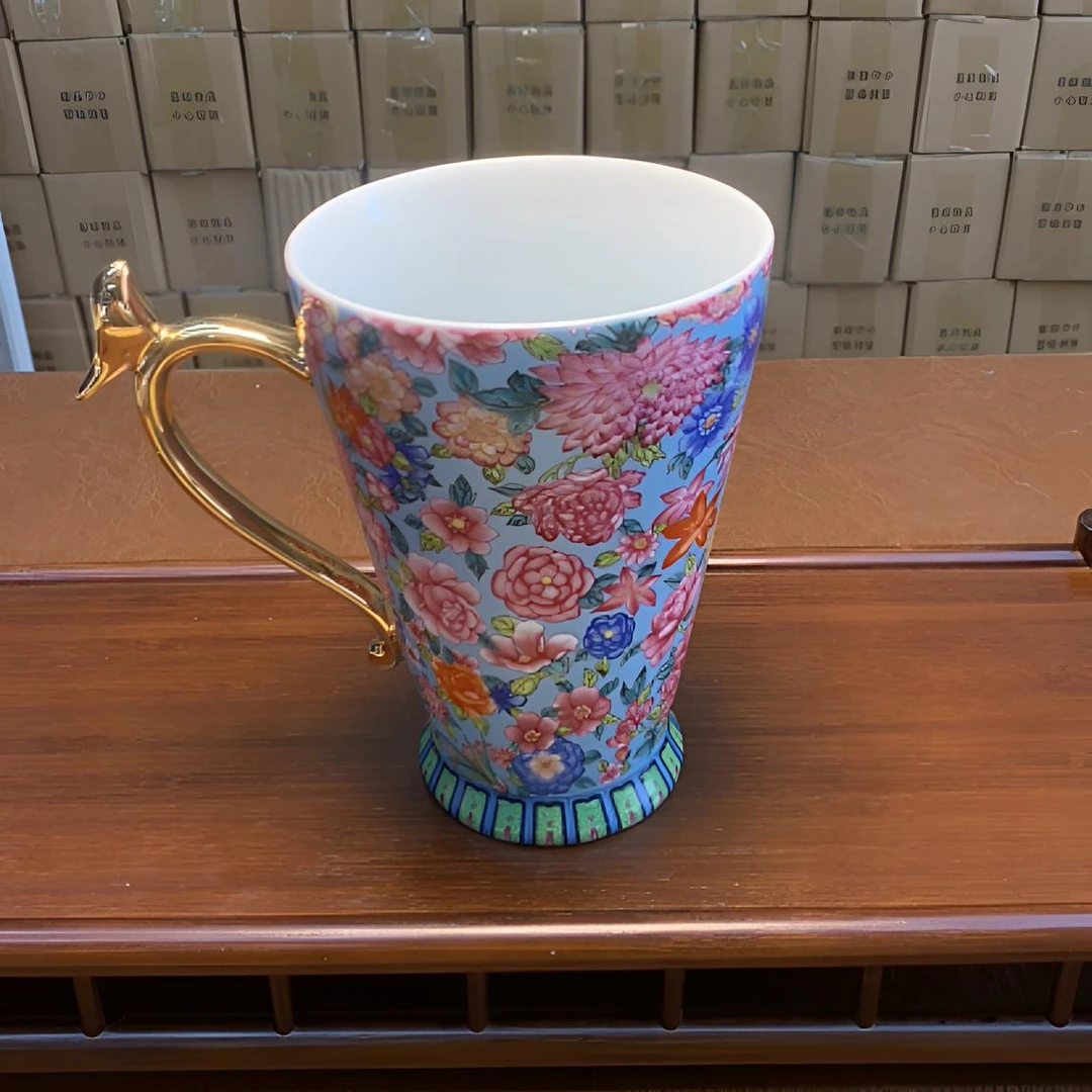 珐琅彩万花马克杯陶瓷咖啡杯茶杯100