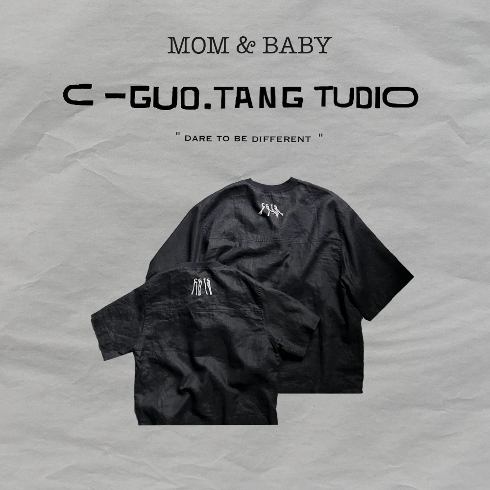 C-Guo.Tang Studio亲子高端品质舒适夏亚麻黑色半袖T恤小心机设计