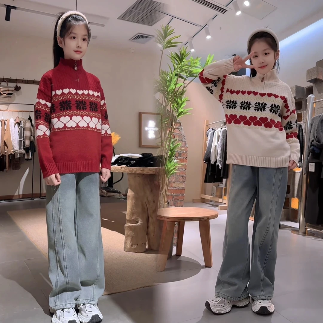 女童半拉链爱心毛衣2025新款加厚洋气高领保暖儿童韩版冬季针织衫