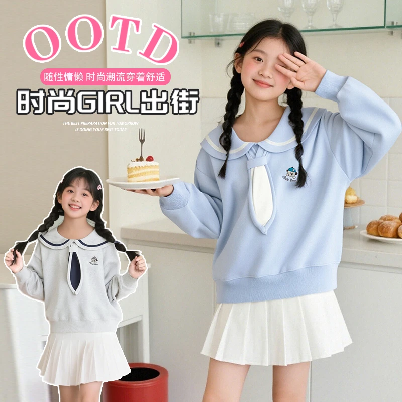潮流休闲风长袖卫衣常规秋冬春秋上衣女童套头刺绣时尚中大童翻领