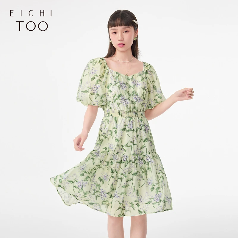 B爱居兔夏季新款清爽绿色印花短袖连衣裙EQLBJ2N105A