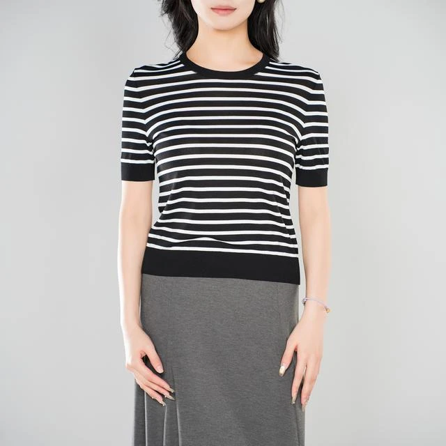 AMASS/阿玛施 夏季新款时髦圆领针织落肩短袖黑白阿玛施针织开衫