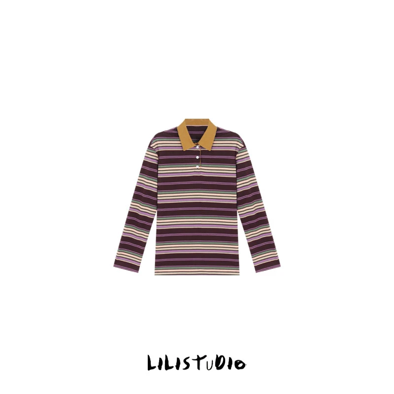 PCNY「撞色条纹」不理理夏季新款小众女装学院风翻领条纹POLO领长袖