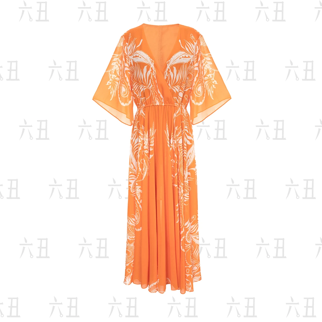 【六丑】新款法式气质优雅系带度假风橘白色印花连衣裙505LYQ0865