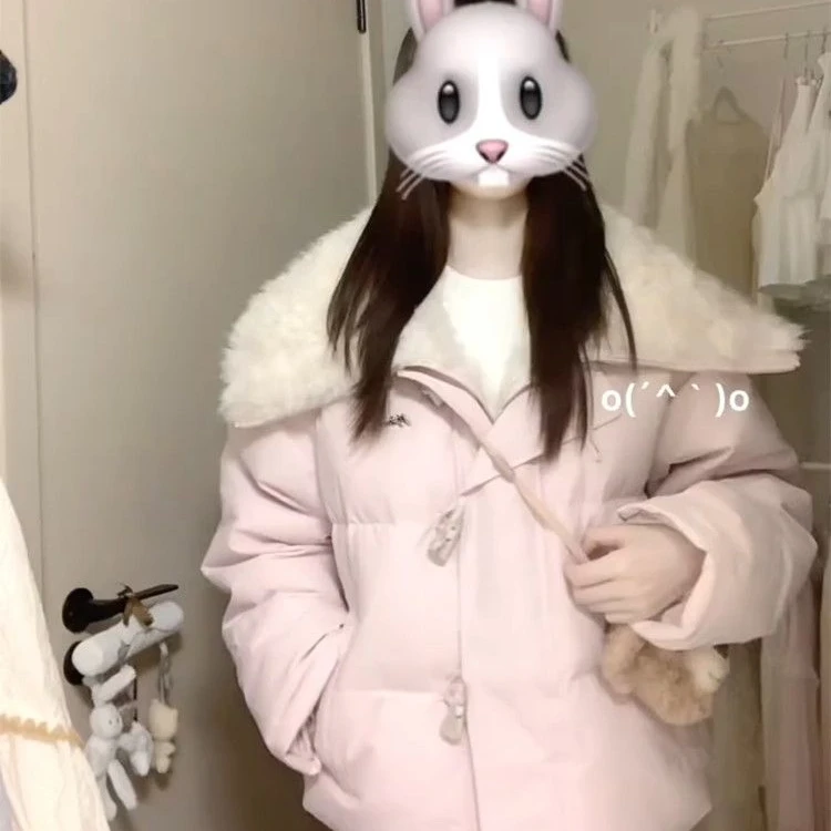 休闲风氛围感设计加厚保暖棉衣韩系甜妹可爱粉色连帽毛领棉服百搭