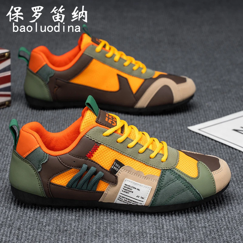保罗笛纳冬季男鞋拼色休闲帆布豆豆阿甘跑步鞋男士复古运动德训鞋