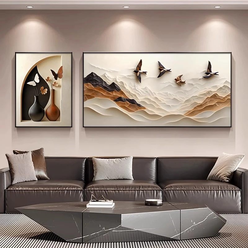 中古风背有靠山客厅沙发背景墙装饰画大雁高档浮雕立体感双联挂画
