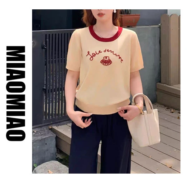 大码女装减龄撞色刺绣圆领正肩短袖t恤夏季胖mm宽松休闲上衣1544