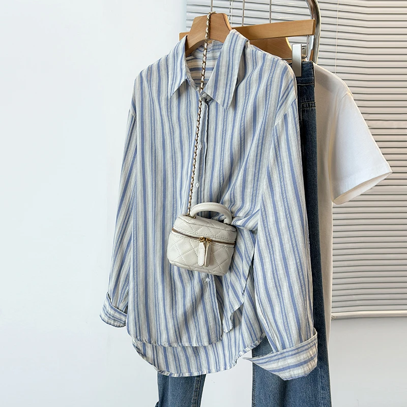 88春新款韩版气质时尚小清新蓝色竖条纹长袖衬衫女宽松慵懒
