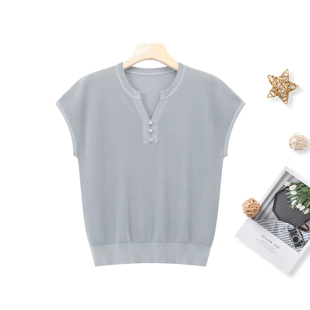 莱赛尔+醋酸纤维 夏季遮肉显瘦百搭针织衫女短袖上衣