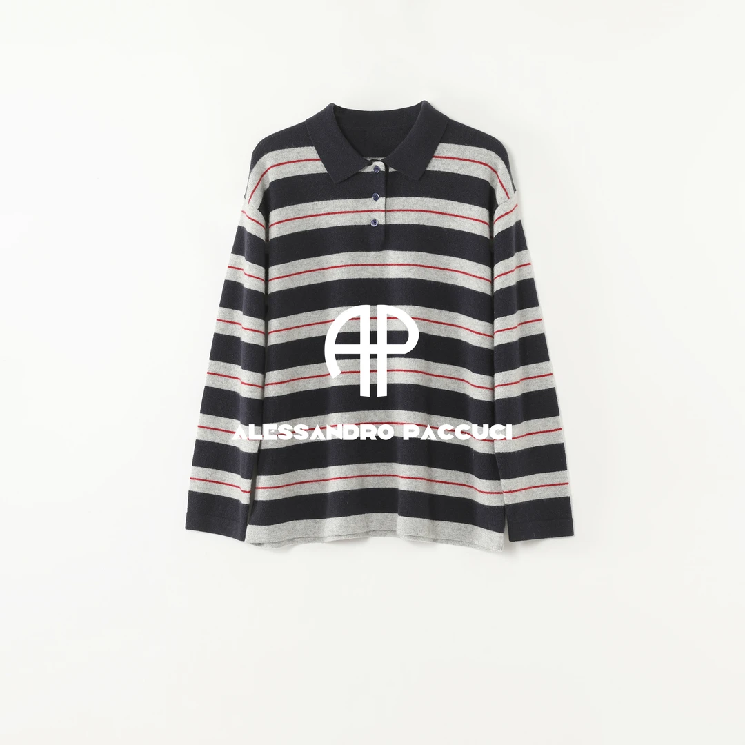 AP洛哥54285ST【规律线条】100羊绒POLO领撞色条纹时尚针织套头衫