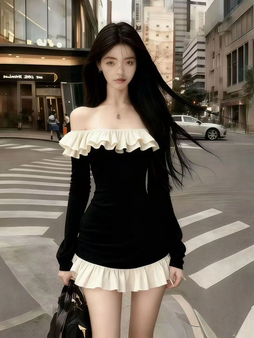 秋季时尚静奢气质温婉风黑色荷叶边一字肩露肩抹胸长袖修身连衣裙