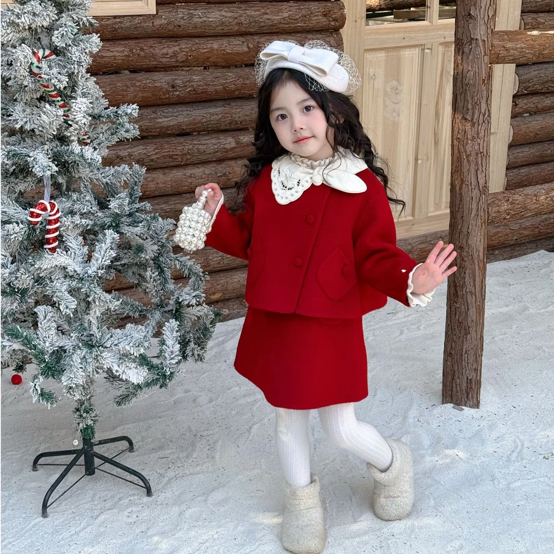 壹妈原创韩版童装女童小香风套装秋冬洋气儿童红色外套半裙两件套