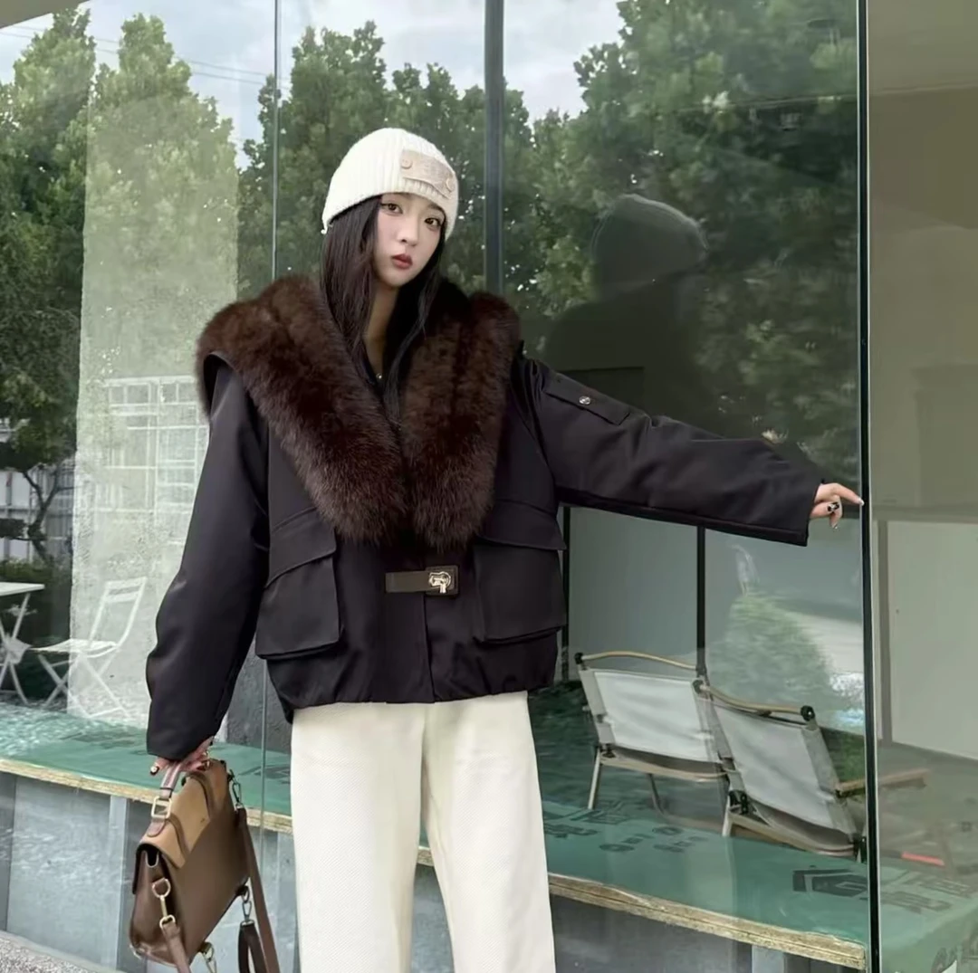 （皮草小欧尼）超大双层狐狸毛前门襟海军领时尚百搭洋气皮草派克服