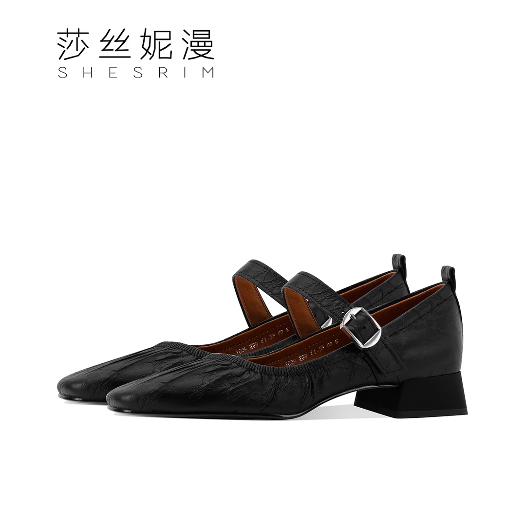 348-2025春夏新款金属牛皮包头单鞋粗跟低跟高跟鞋时尚百搭春夏季