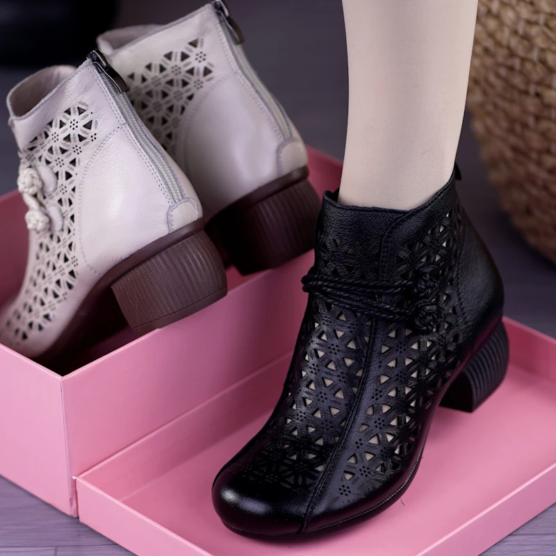 头层牛皮马丁靴女春夏新款英伦风镂空短靴真皮粗跟凉鞋软底洞洞鞋
