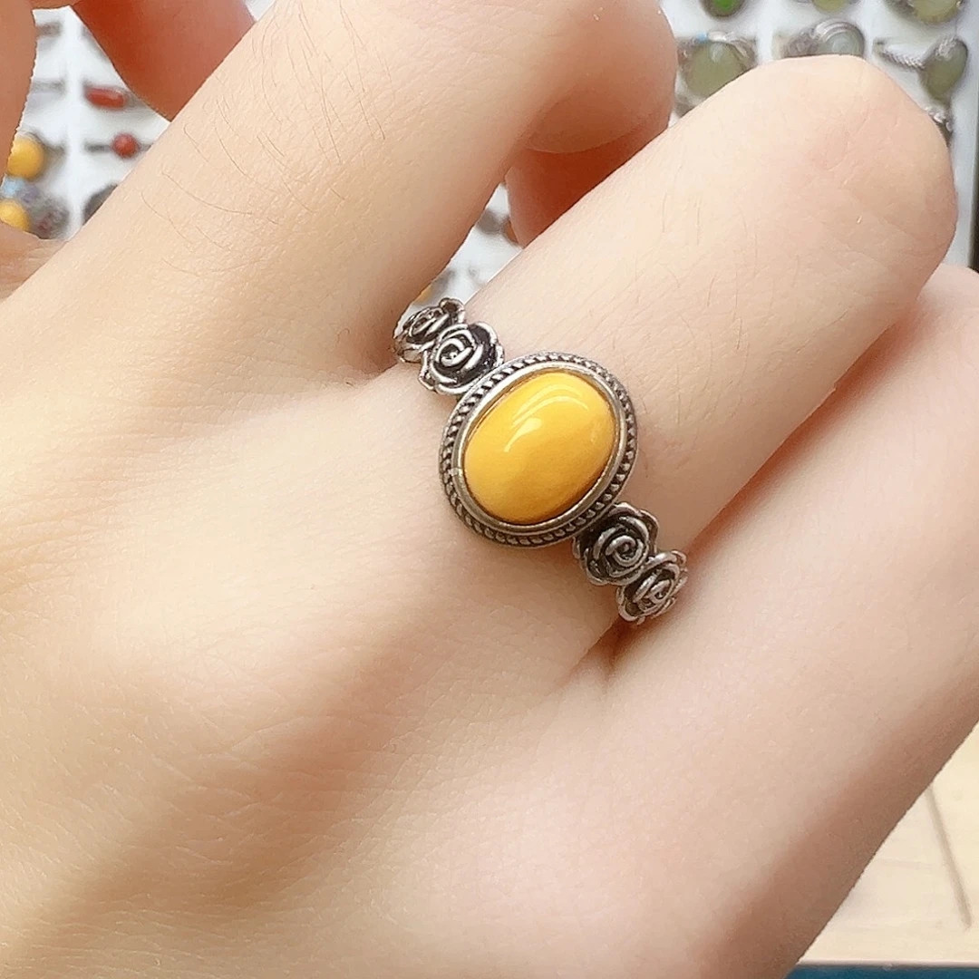 蜜蜡银S925镶嵌戒指，