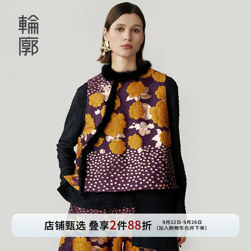 轮廓金玉满堂重工提花马甲时尚复古民族风圆领不对称马夹L243Y067