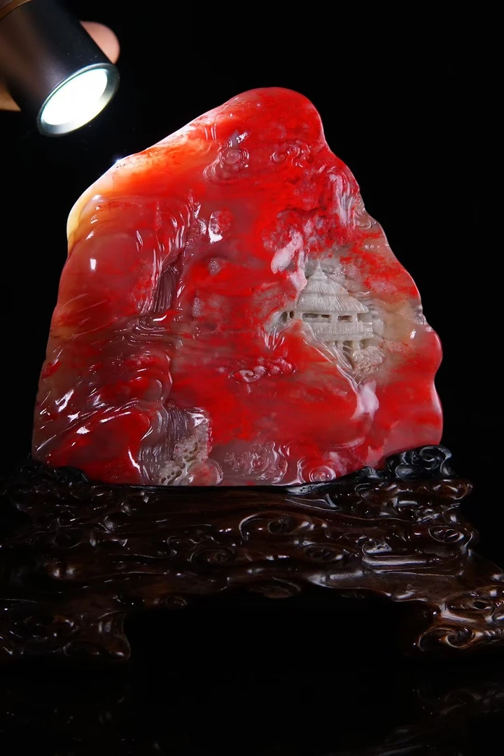 巴林大红袍鸡血石 山水摆件