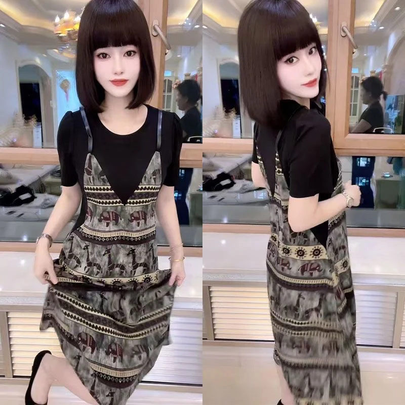 2025夏季时尚假两件短袖中长款连衣裙显瘦遮肉气质优雅网红休闲