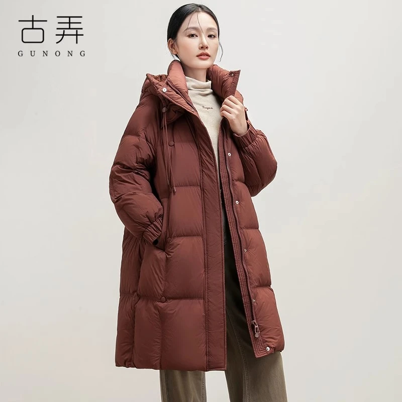 古弄连帽羽绒服女加厚保暖中长款冬季2024新款韩版宽松休闲高级感