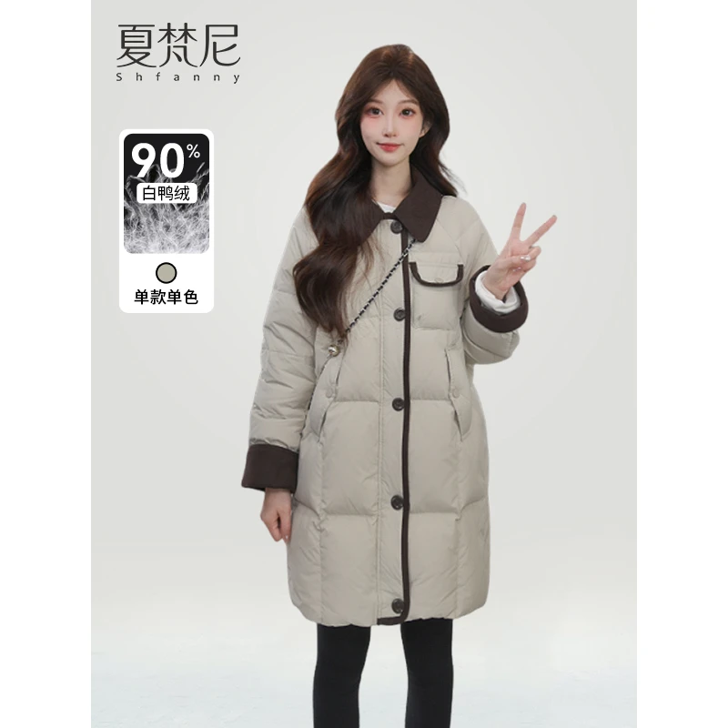 夏梵尼冬暮街角2025年冬季新款韩版休闲撞色拼接中长款羽绒服