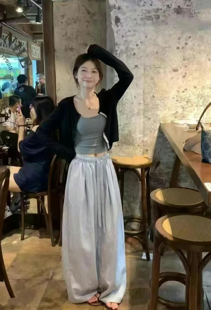 夏季休闲风开衫与吊带搭配休闲阔腿裤3件套套装