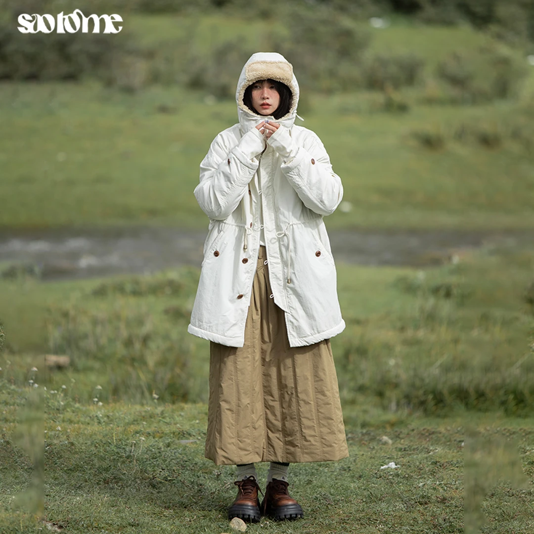 早乙女惠子saotome日系羊羔毛连帽可拆抽绳派克大衣棉服外套0906