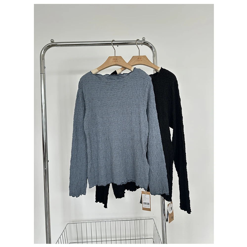 T602  秋冬新款女士休闲时尚百搭木耳边长袖T恤打底衫