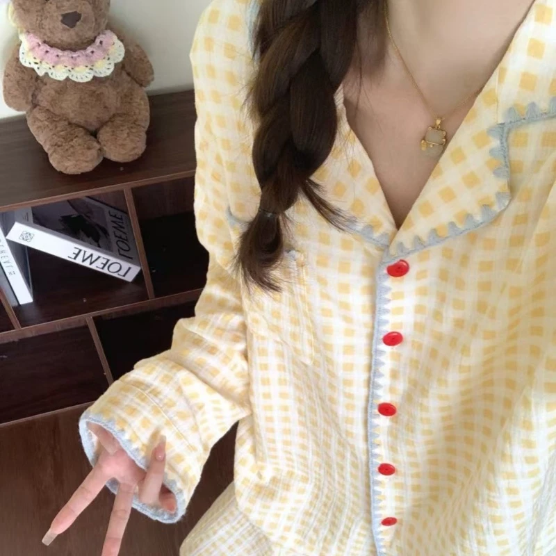 韩系甜美风格子云朵绵睡衣女长袖两件套大码家居服简约宽松可外穿
