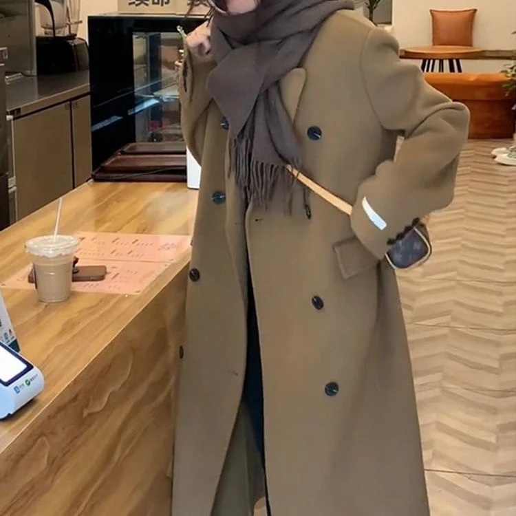 驼色双面中长款大衣女秋冬新款赫本风小个子加厚外套