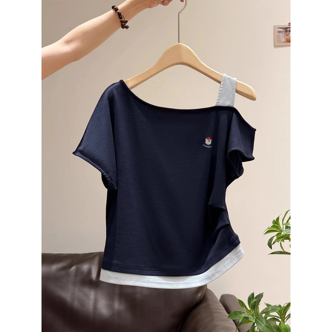 新款韩系休闲吊带短袖t恤女夏季撞色设计感潮流百搭辣妹斜肩上衣