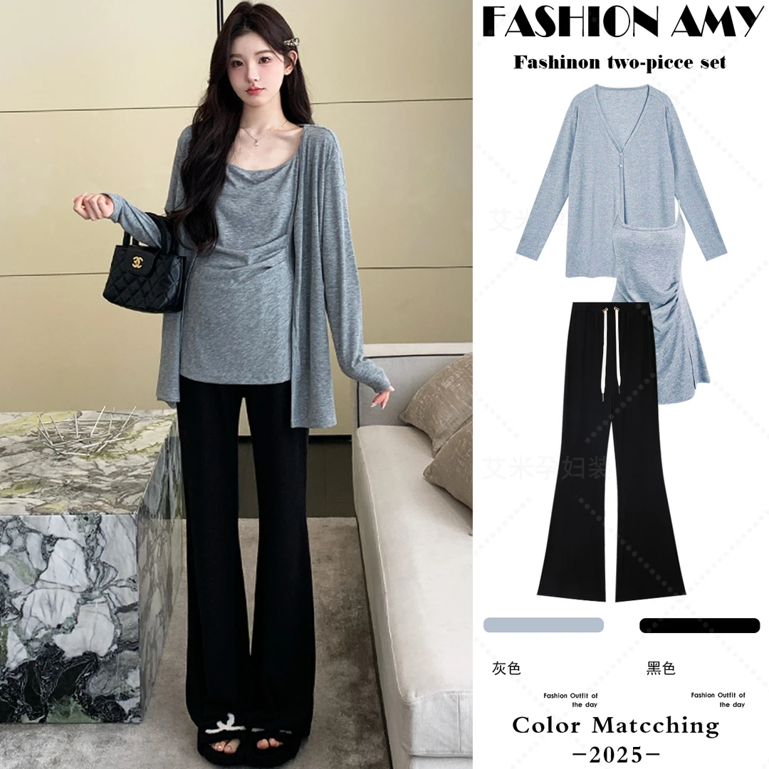 孕妇装秋季套装新款时尚韩版针织开衫吊带上衣显瘦喇叭裤子三件套