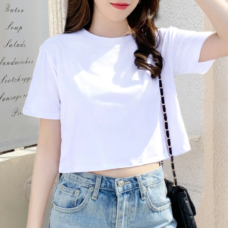 白色短款t恤女宽松夏装2025年新款纯棉小个子高腰上衣短袖露脐潮