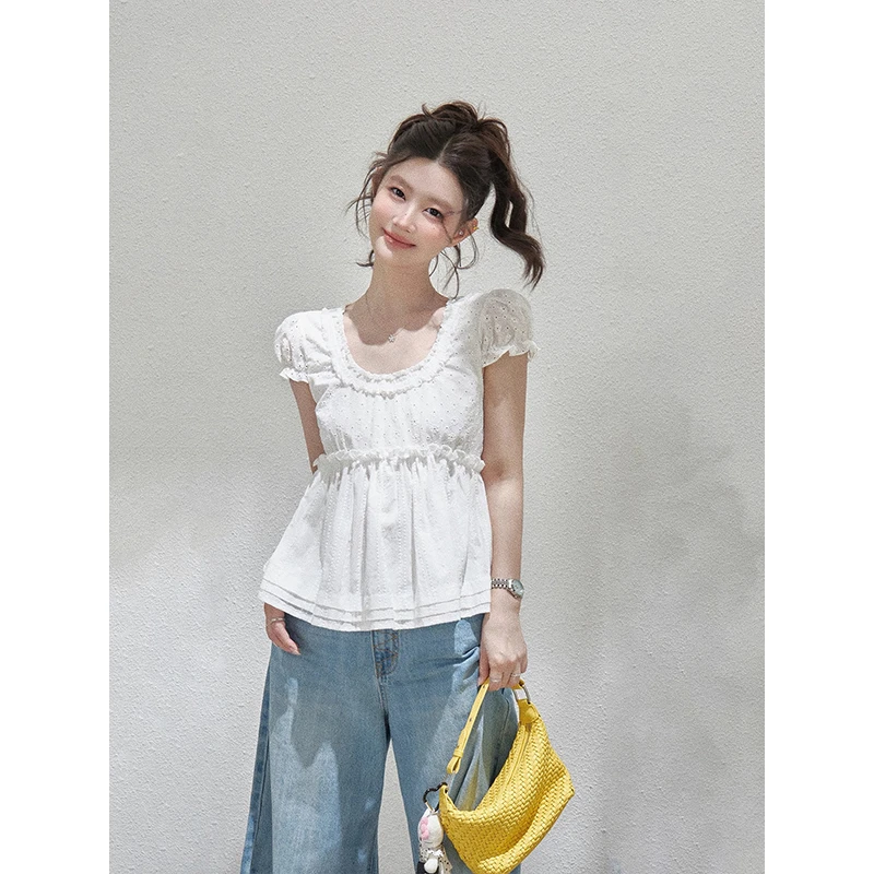 新款U领褶皱短袖T恤女夏季甜美宽松显瘦时尚气质泡泡袖通勤风上衣