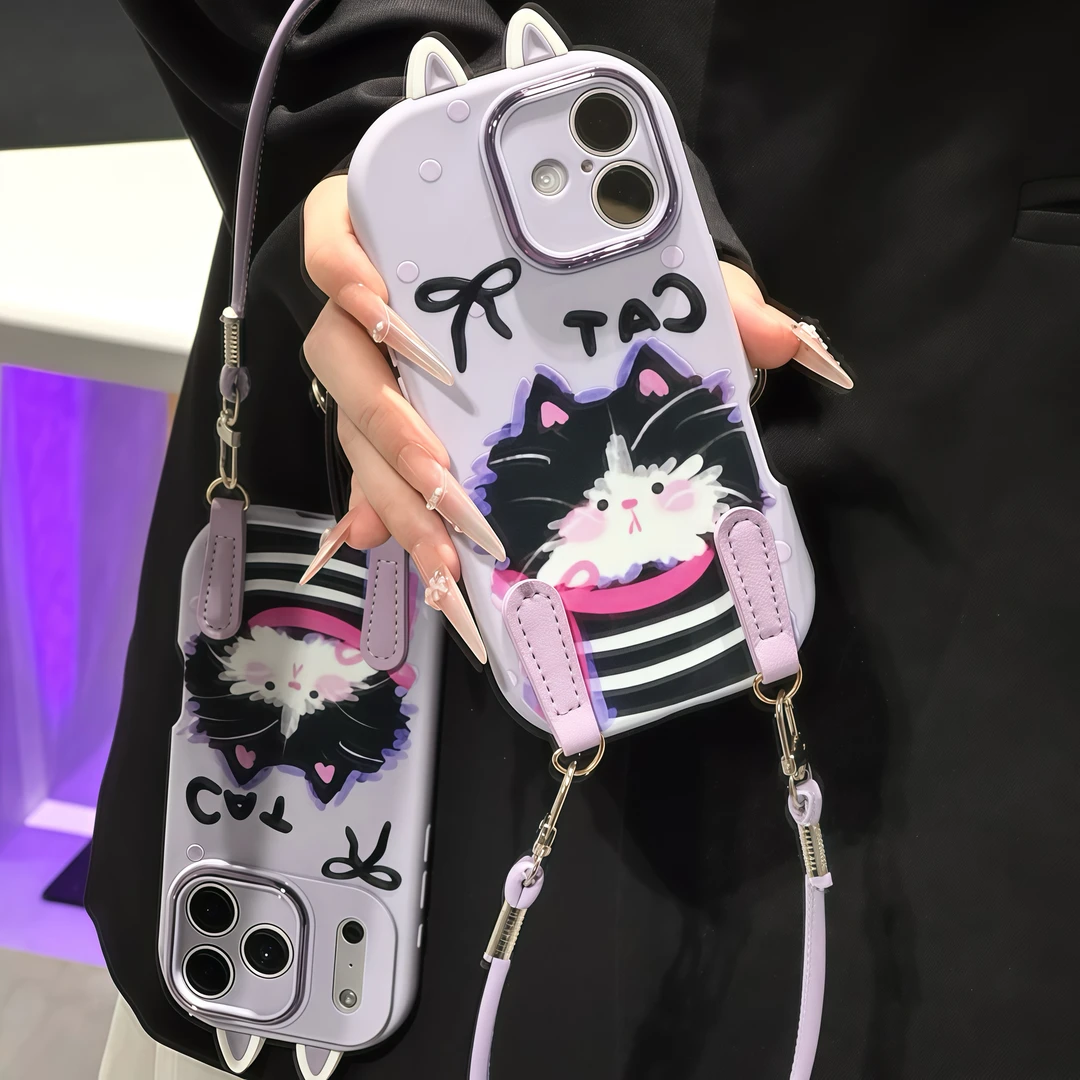 潦草cat猫耳朵挂绳适用苹果16/17手机壳iPhone15小米vivoppo华为