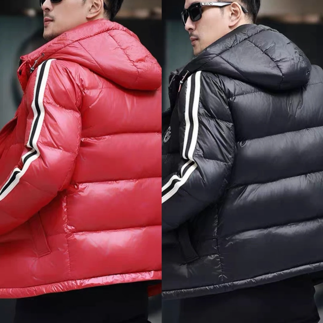 两道杠休闲男士冬季保暖外套运动短款时尚连帽