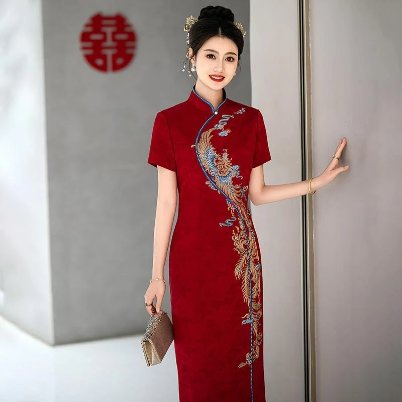 2025款高端婚礼妈妈装复古改良绣花醋酸锻旗袍裙气质喜婆婆婚宴装