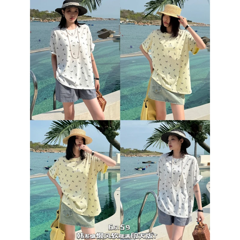 0436【夏季新款】韩系慵懒软糯满印蝴蝶结圆领短袖（66159）