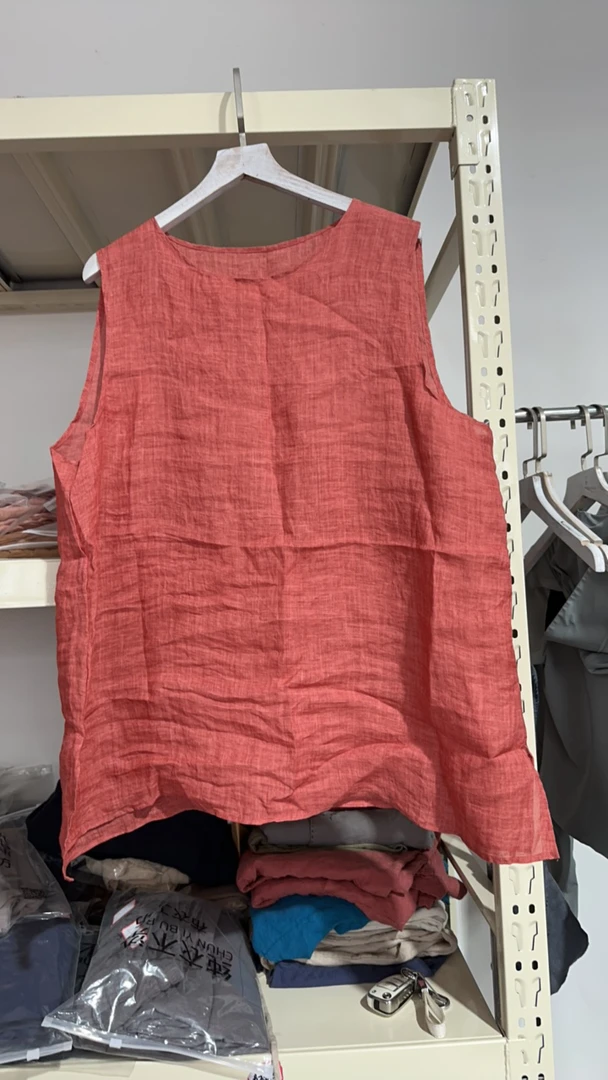 纯衣不染/炒色斜纹苎麻/虾红色夏季无袖百搭背心