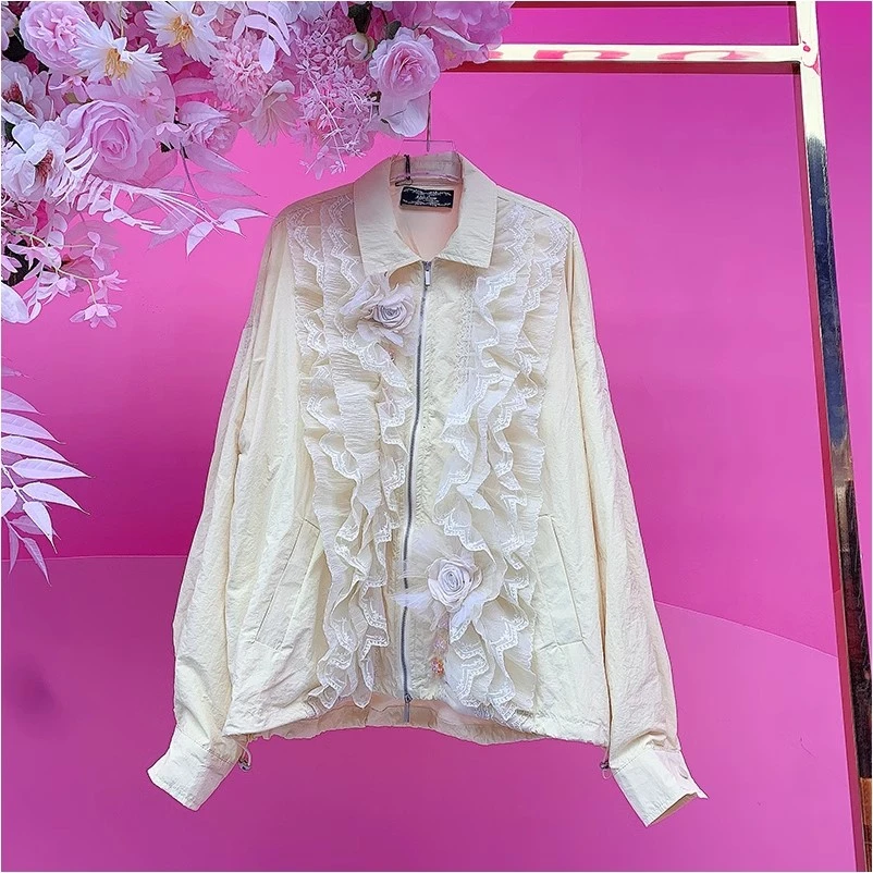 A1484欧美设计师2025春夏新款钉珠立体小花拼接蕾丝花边休闲外套