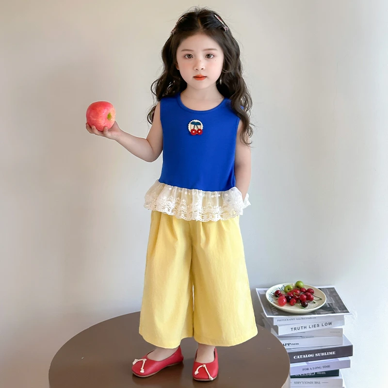 女童花边无袖套装洋气儿童夏季新款女宝宝阔腿裤两件套小女孩时髦
