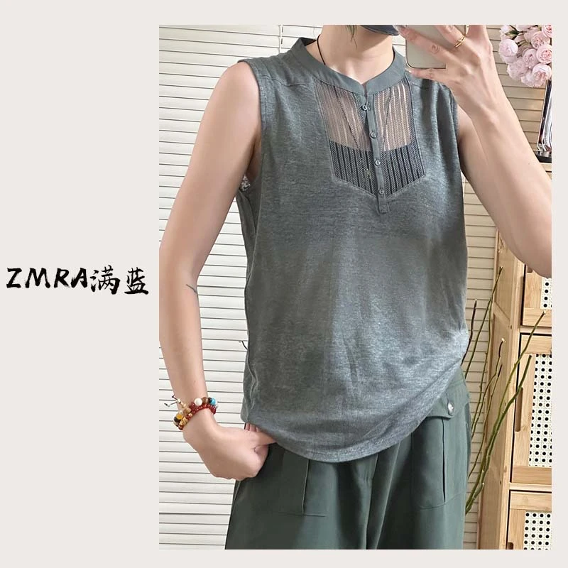 ML9176 夏季新款宽松纯色立领无袖T恤女士上衣