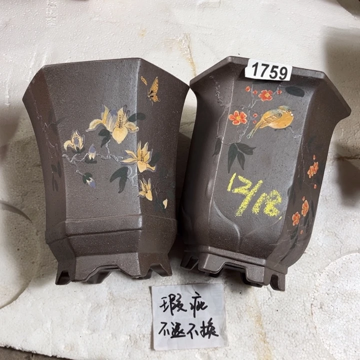 紫砂花盆 微瑕紫泥高温彩绘六方1组1759