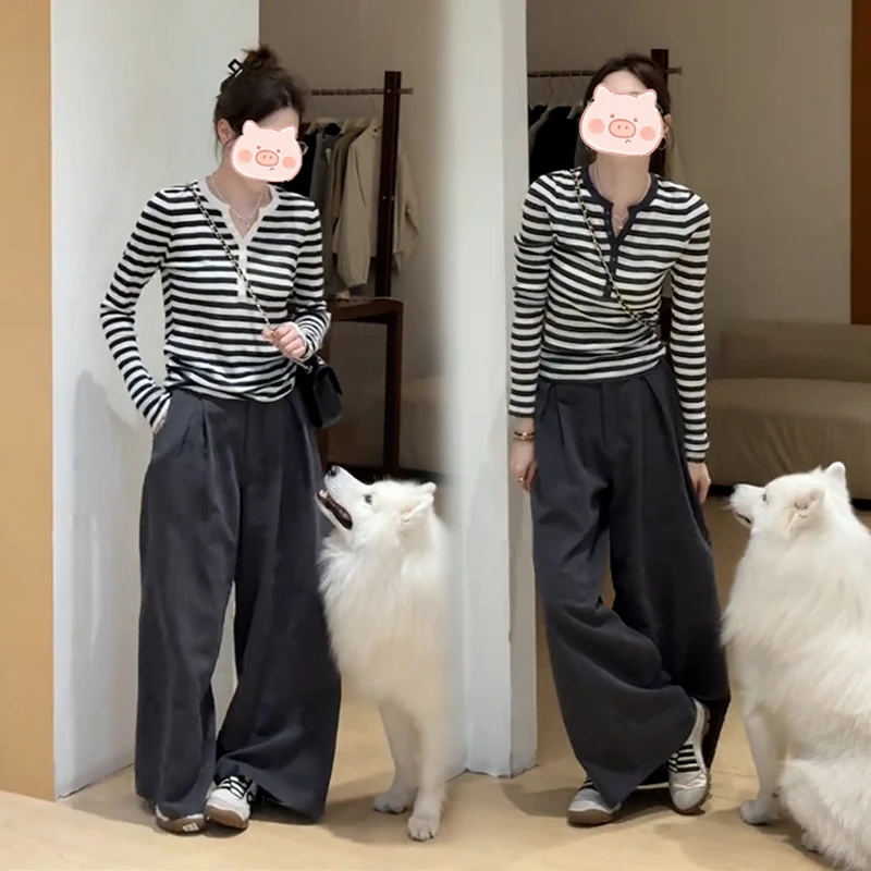 2025年秋季新款穿搭一整套时尚百搭条纹上衣搭配宽松显瘦休闲裤女