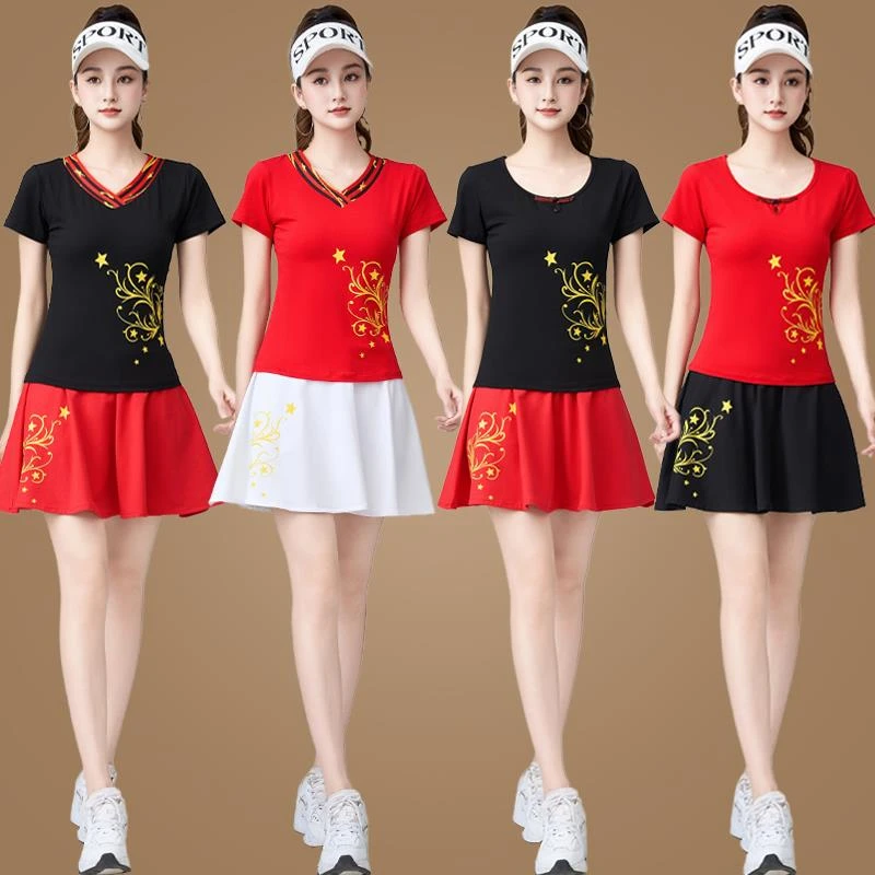 健身操团体跳舞衣运动服广场舞服装夏季新款套装短裙短袖舞蹈服女