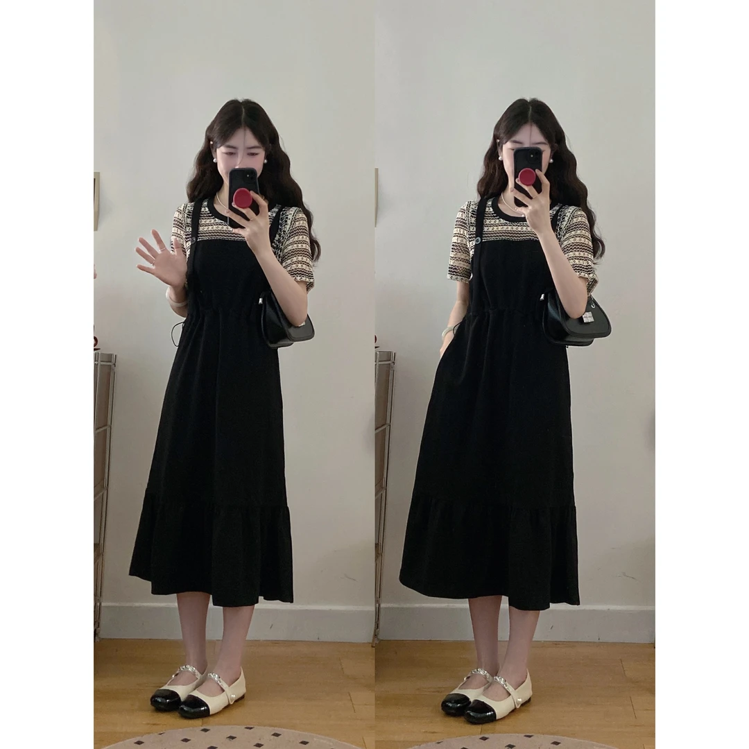 大码女装2025夏季新款显瘦条纹拼接胖mm收腰显瘦假两件洋气小黑裙