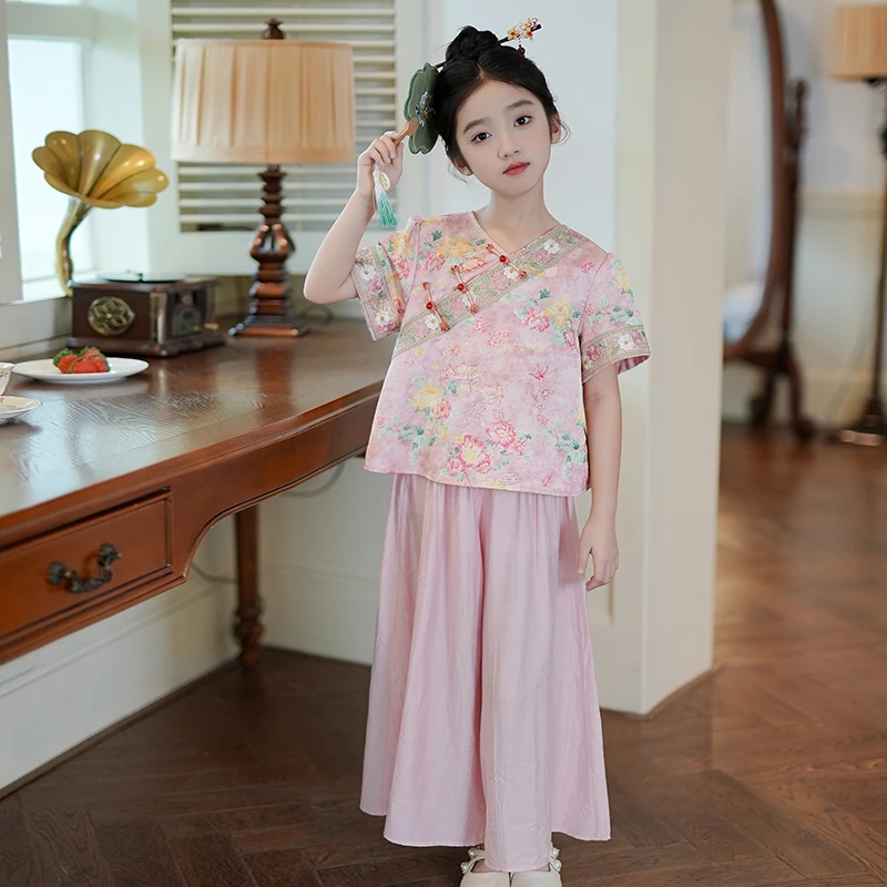 80726古风汉服女童套装夏季2025新款女孩国风新中式盘扣上衣裤子
