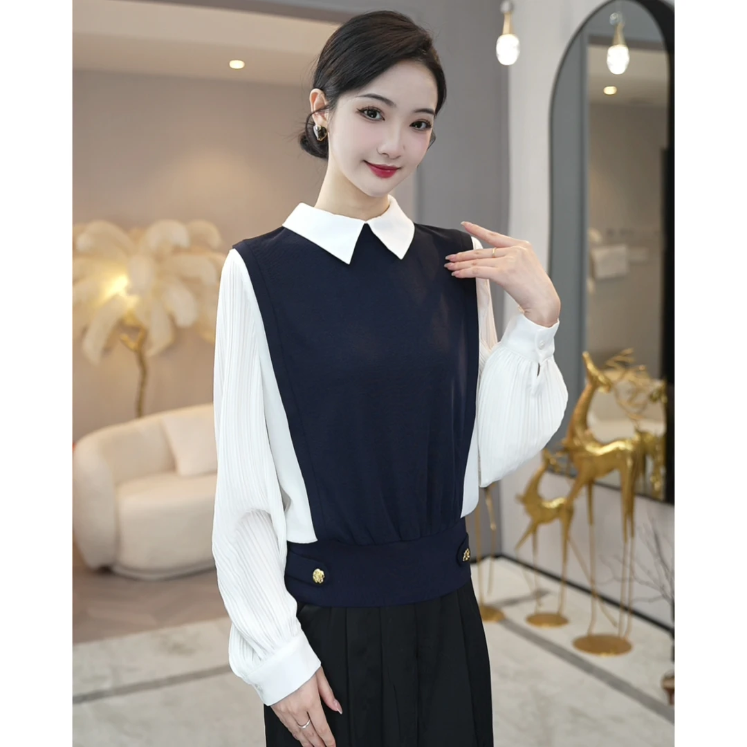 预售2025春秋新款【6926】假两件拼接翻领压褶曲珠冰麻长袖针织小衫