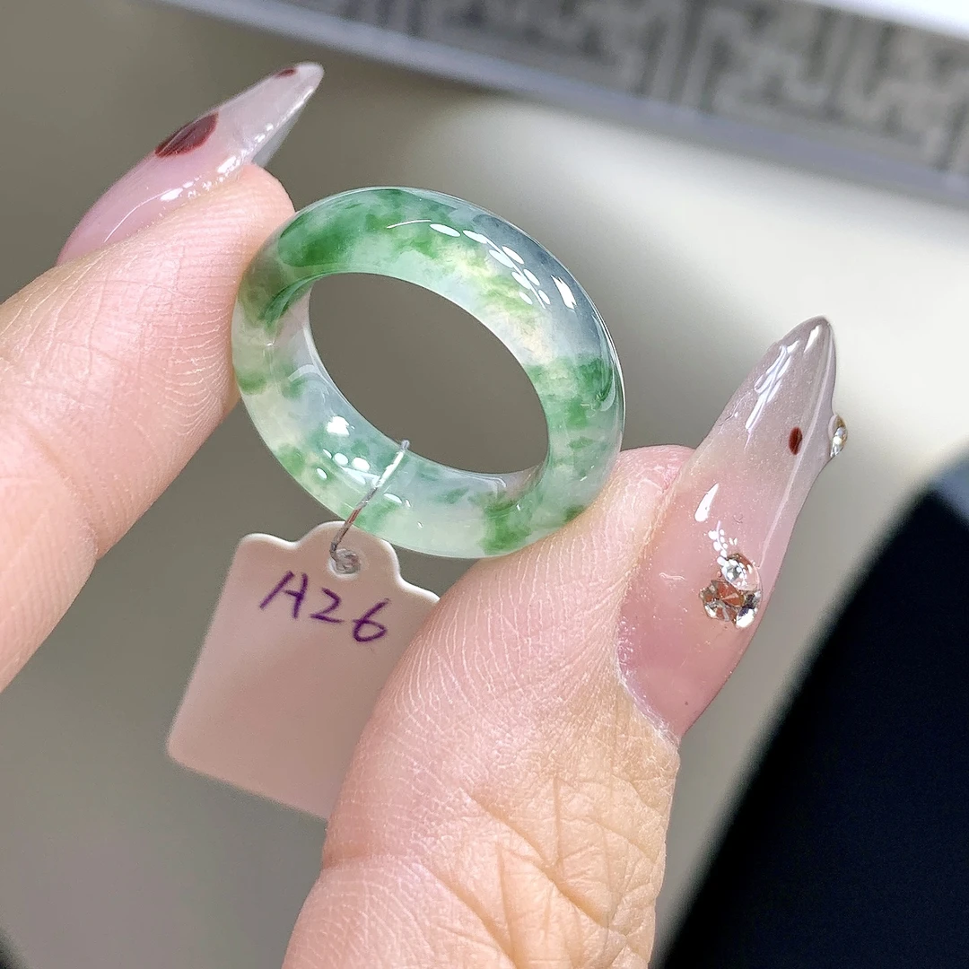 高冰种起杠光飘花缅甸翡翠玉戒指 10号 尺寸15.4-6.5-3.5mm